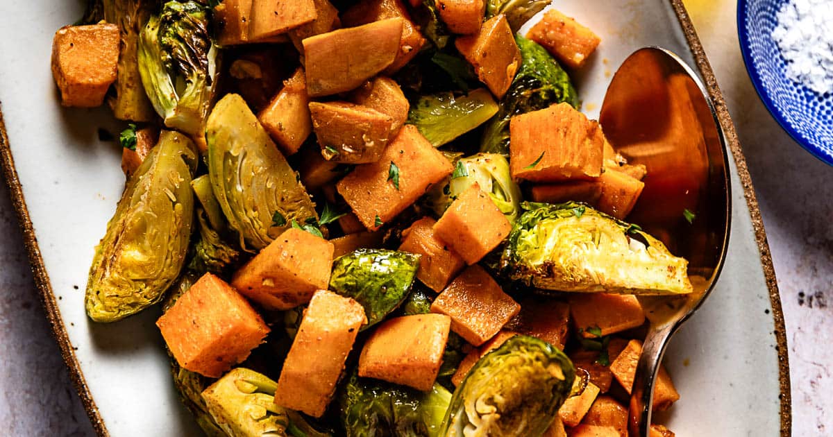 Easy Roasted Sweet Potatoes & Brussels Sprouts: Holiday & Weeknight Favorite